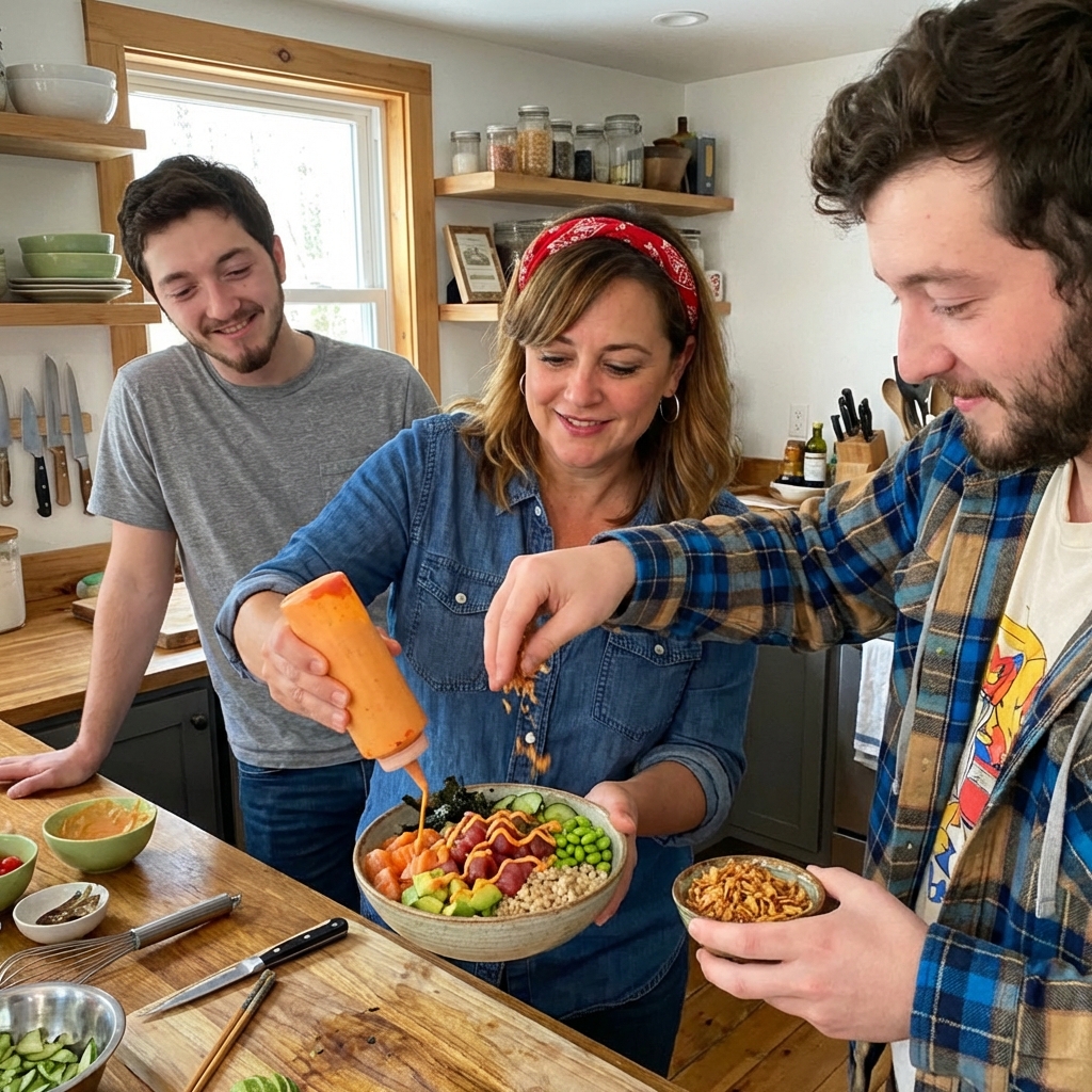 A rustic poke bowl being finished with a drizzle of spicy mayo and a sprinkle of crispy shallots in a home kitchen