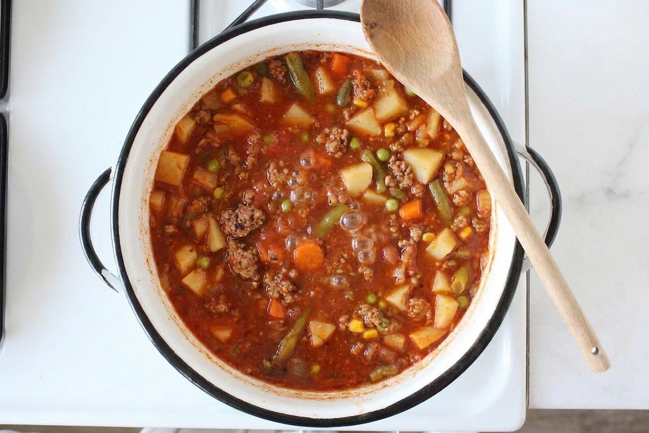 A rustic pot of hamburger stew simmering with visible chunks of potatoes, carrots, and browned ground beef in a rich tomato-beef broth on a stovetop