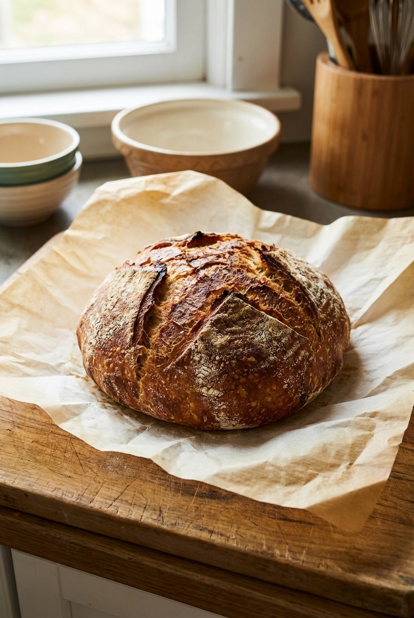 A rustic round loaf of crusty no knead bread on parchment paper