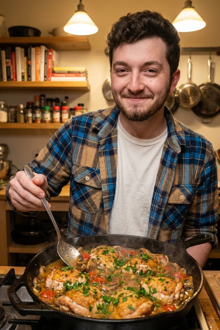 A rustic skillet of chicken chasseur with golden-browned chicken thighs simmering in a mushroom, tomato, and white wine sauce, garnished with fresh parsley, warm kitchen lighting