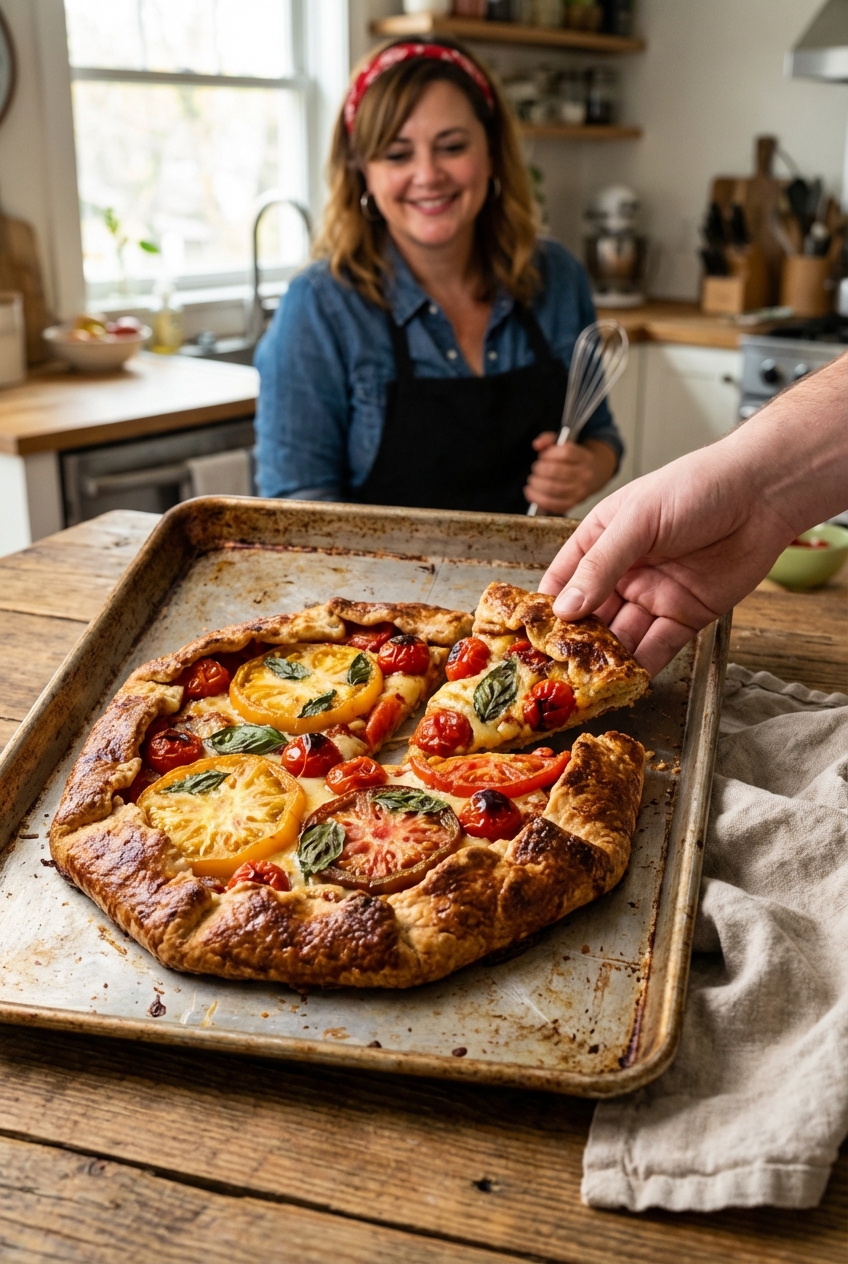 A rustic tomato galette with browned crust on a baking sheet