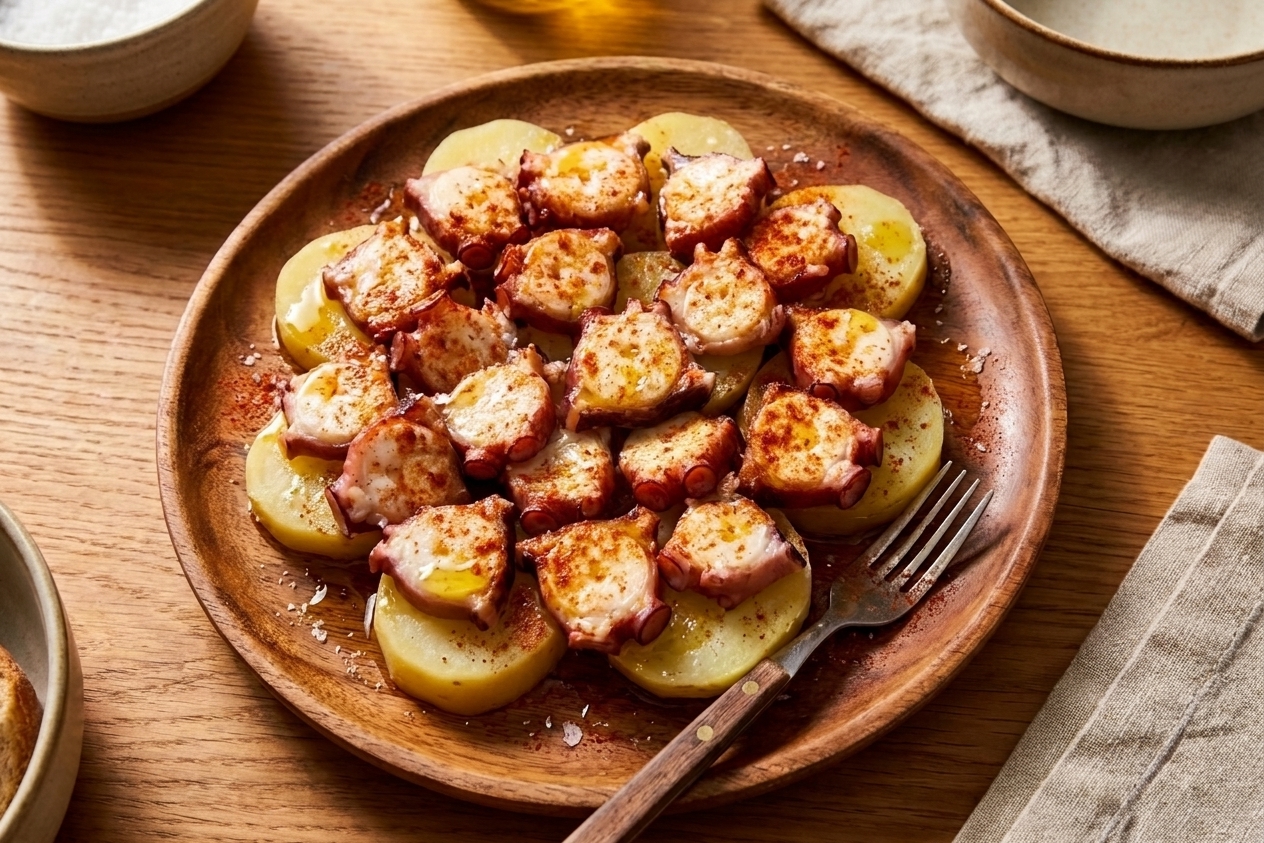 A rustic wooden platter of sliced octopus laid over warm potato rounds, dusted with smoked paprika and flaky salt, glistening with olive oil on a simple kitchen table
