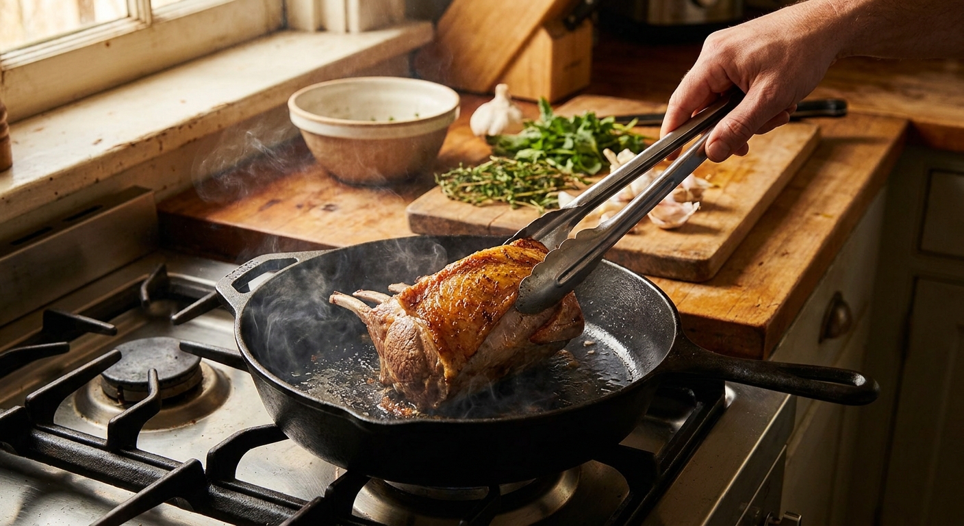 A saddle of lamb browning in a hot cast iron skillet on a stove with tongs turning it, kitchen counter in the background