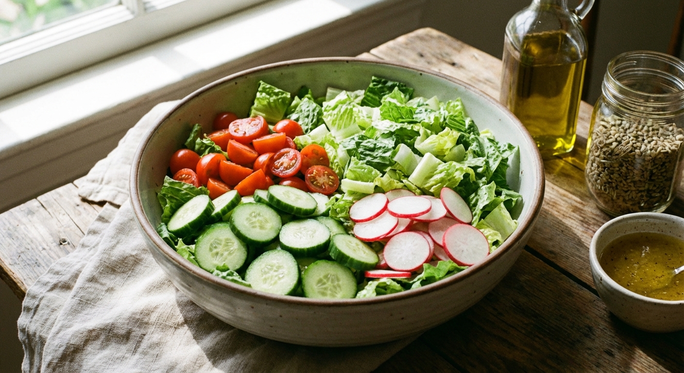 A salad bowl filled with romaine, cucumbers, cherry tomatoes, and radishes ready for topping