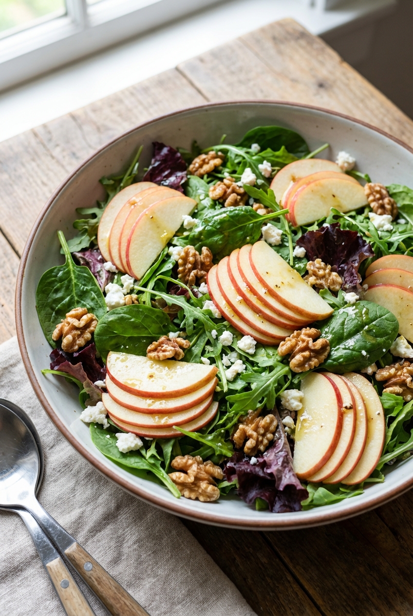 A salad with sliced apples, walnuts, and mixed greens in a serving bowl