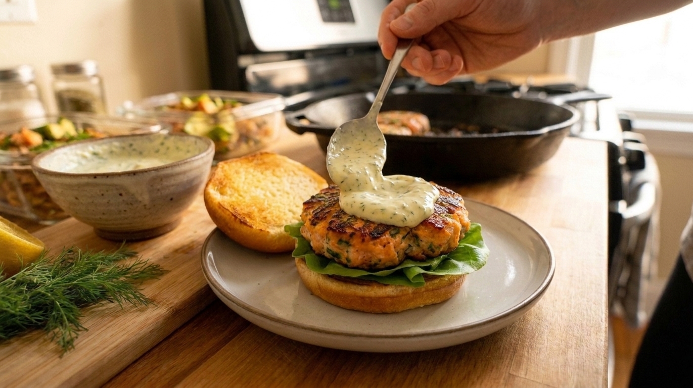 A salmon burger being assembled on a toasted bun with lettuce and creamy lemon-dill sauce on a kitchen counter with consistent warm lighting