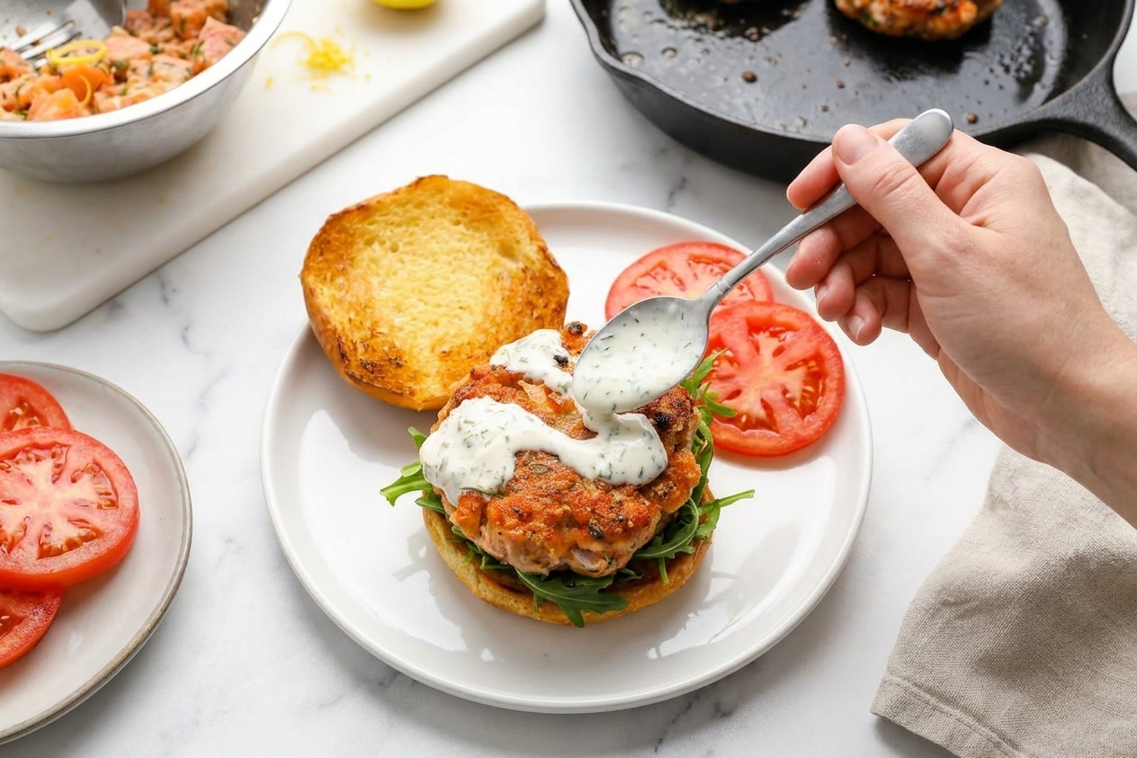 A salmon burger being assembled with lemon-dill sauce, lettuce, and tomato on a toasted bun on a kitchen counter