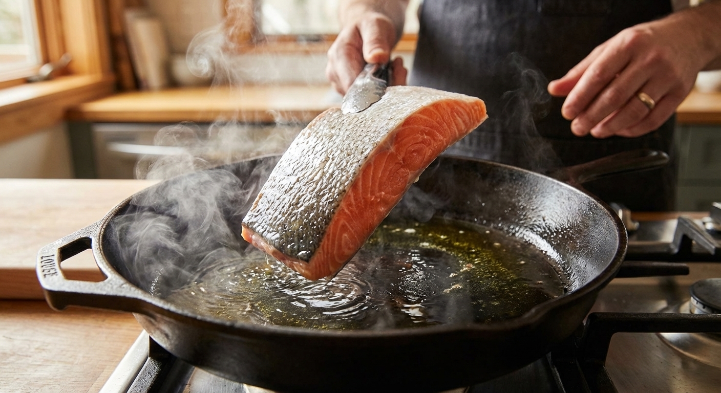 A salmon fillet being placed skin-side down into a hot skillet with shimmering oil, steam rising, close-up action shot in a home kitchen, photorealistic food photography