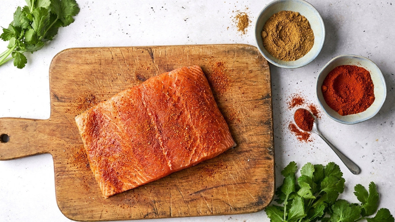 A salmon fillet on a cutting board coated with a reddish spice rub next to small bowls of cumin and paprika
