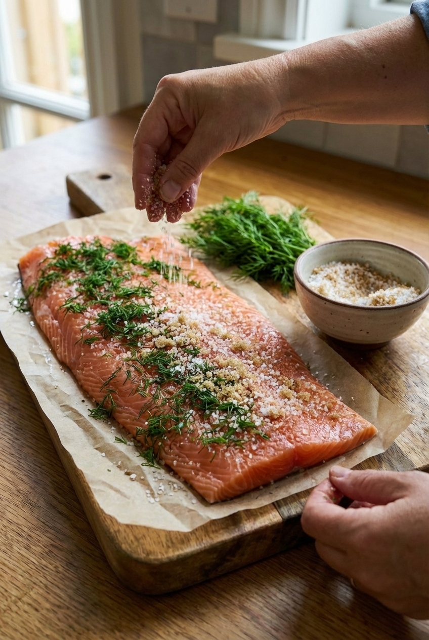 A salmon fillet on parchment paper being covered with a salt and sugar cure and fresh dill