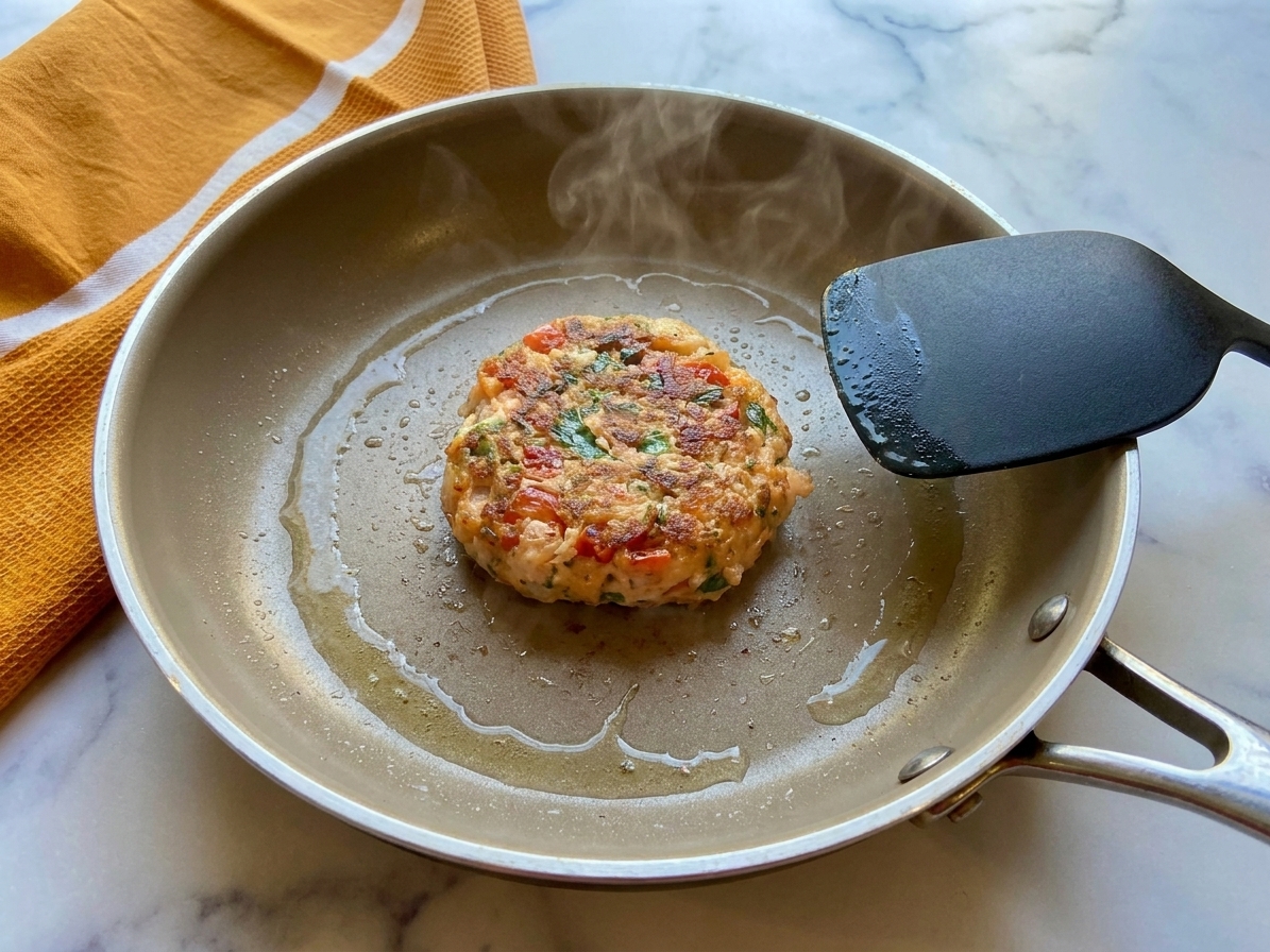 A salmon patty reheating in a lightly oiled nonstick skillet on a stovetop with a spatula nearby.