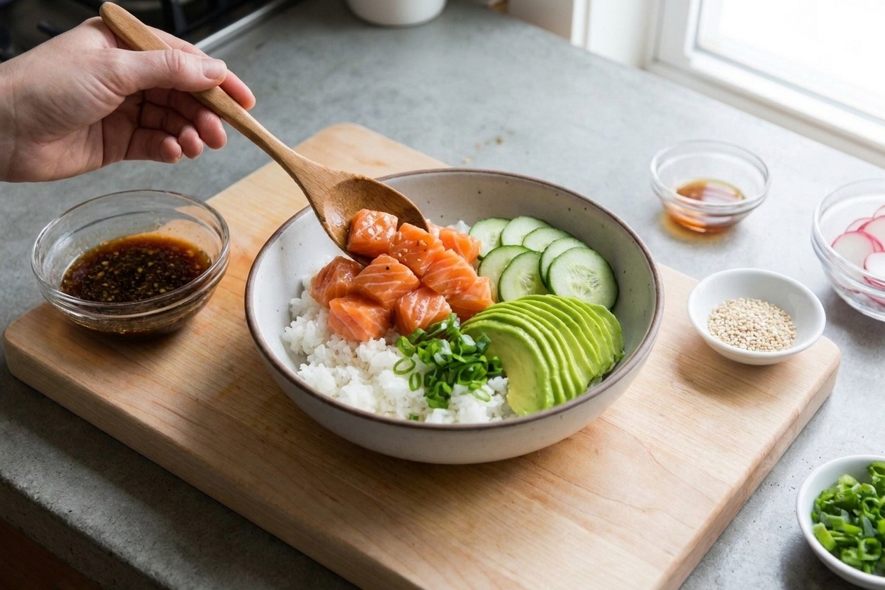 A salmon poke bowl being assembled with rice in the bottom and marinated salmon, cucumber, avocado, and scallions arranged on top