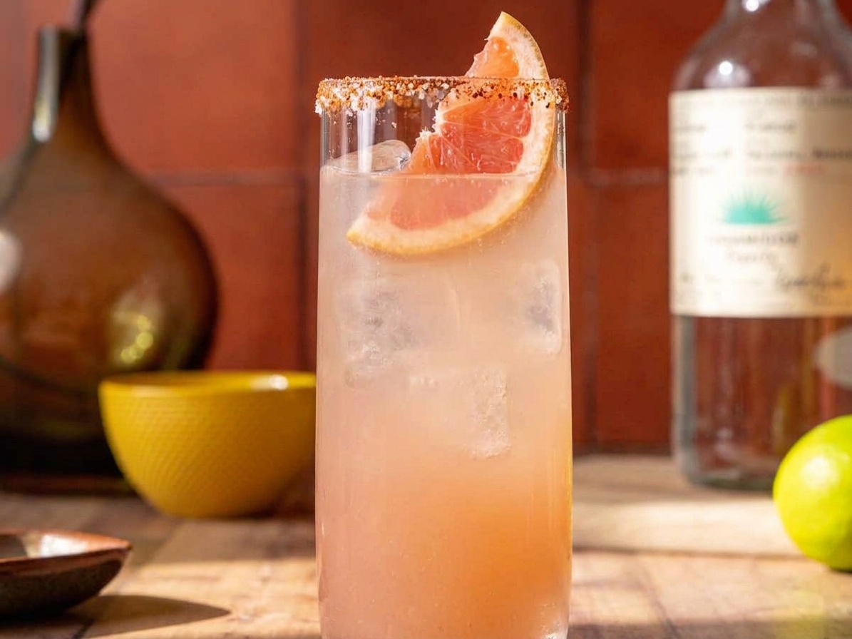 A salt and chili rimmed highball glass filled with a pale pink grapefruit tequila cocktail and ice, garnished with a grapefruit wedge on a sunlit kitchen counter