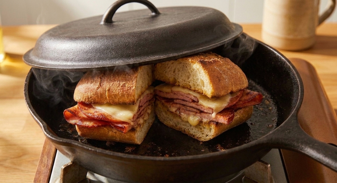 A sandwich being reheated in a cast iron skillet with a lid slightly ajar on a stovetop, warm kitchen lighting