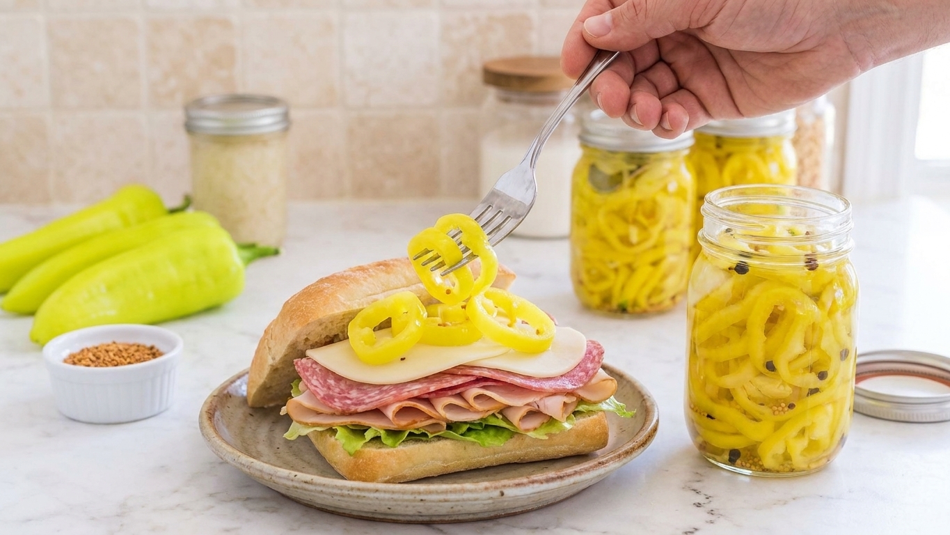 A sandwich on a plate being topped with bright yellow pickled banana pepper rings in a cozy kitchen setting