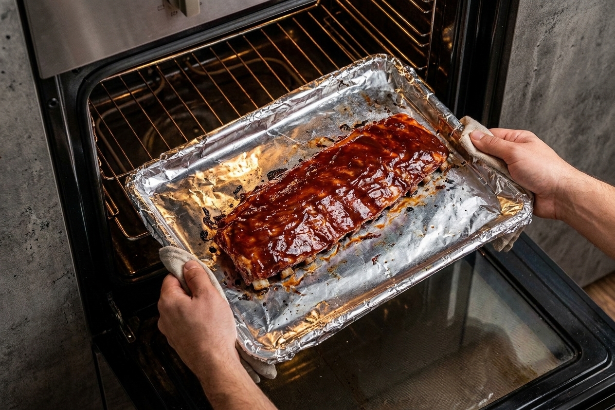 A sauced rack of ribs on a foil-lined baking-sheet being placed under an oven broiler