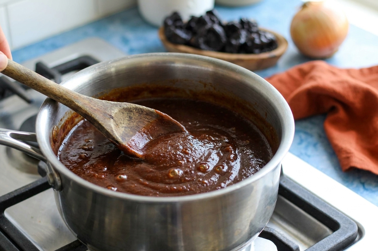 A saucepan of BBQ sauce gently simmering on a stovetop while a wooden spoon stirs it