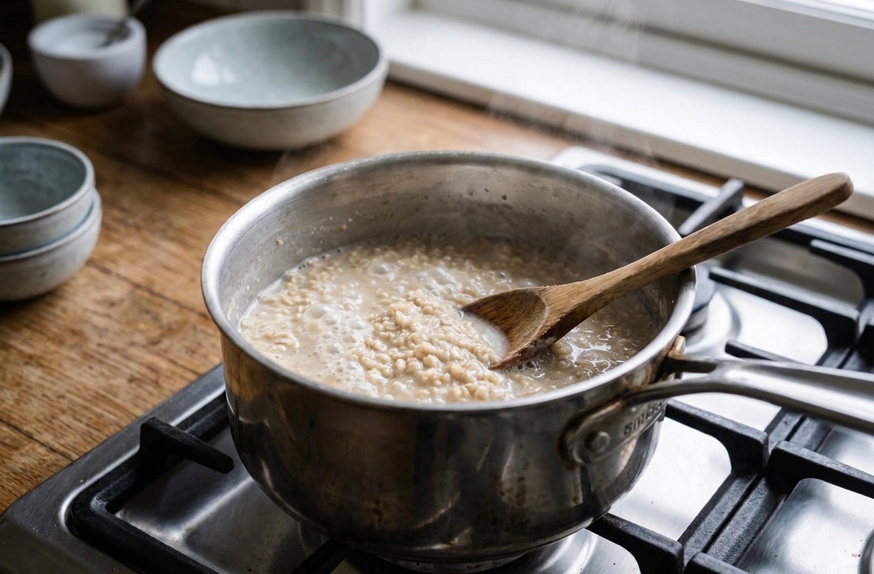 A saucepan of Irish oats gently simmering on a stovetop with a wooden spoon resting inside