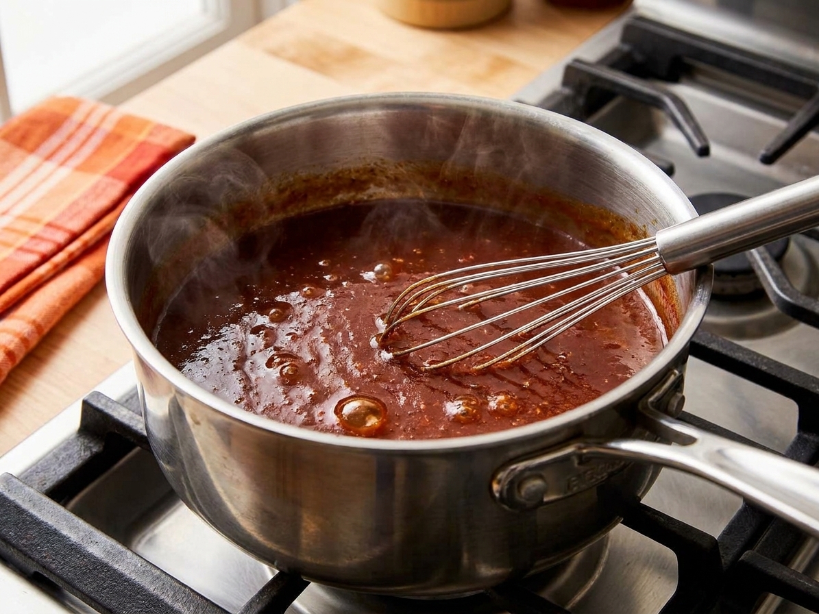 A saucepan of barbecue sauce gently simmering on a stovetop with a whisk resting in the pan
