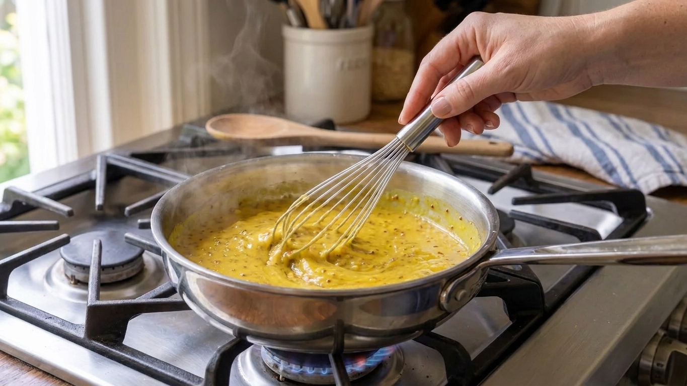 A saucepan of bright yellow mustard and turmeric sauce being whisked until smooth on a stovetop
