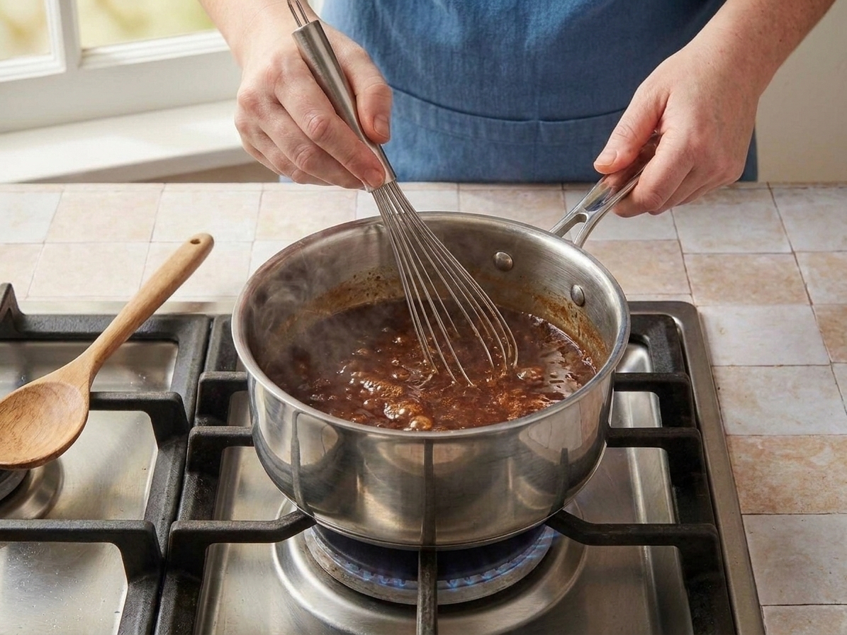 A saucepan of brisket cooking liquid simmering on a stove, being whisked until glossy and slightly thick