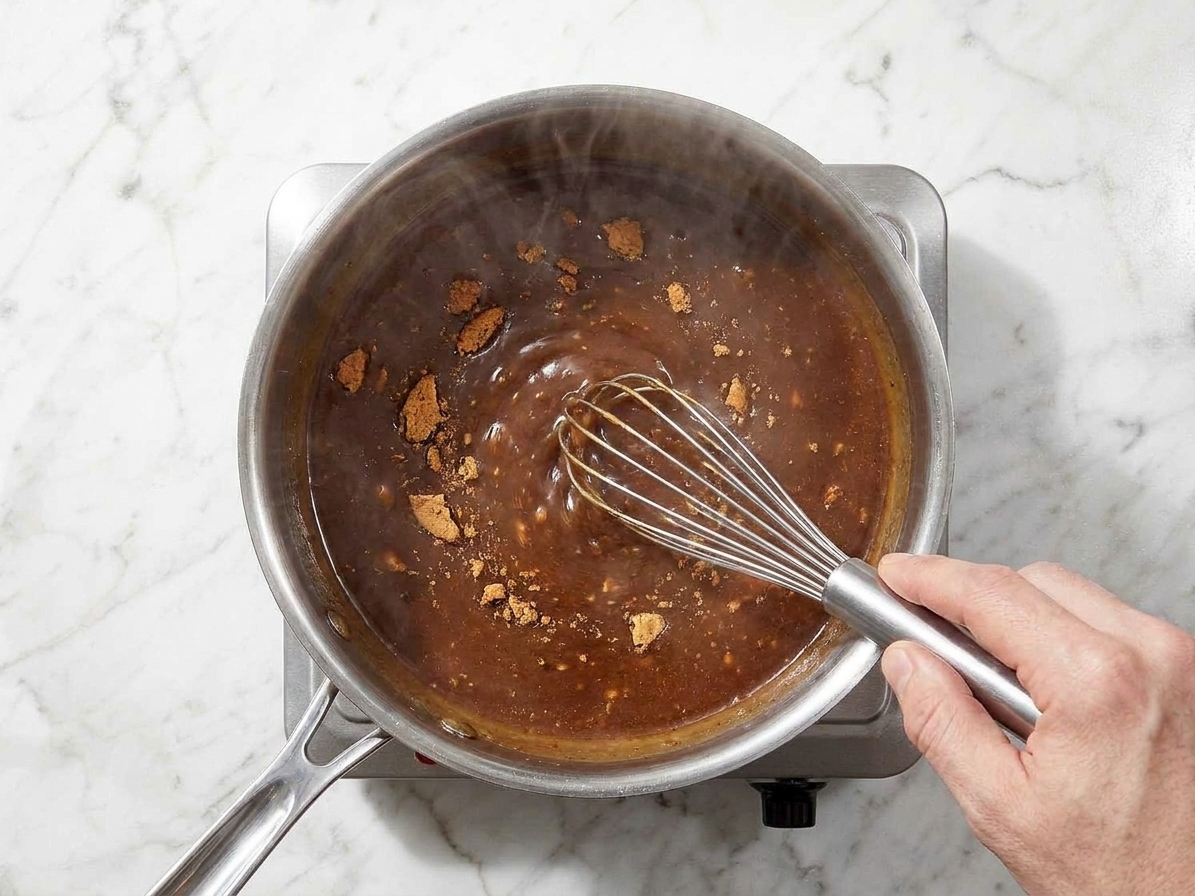 A saucepan of brown gravy being whisked while crushed gingersnaps dissolve, creating a thicker, glossy sauce