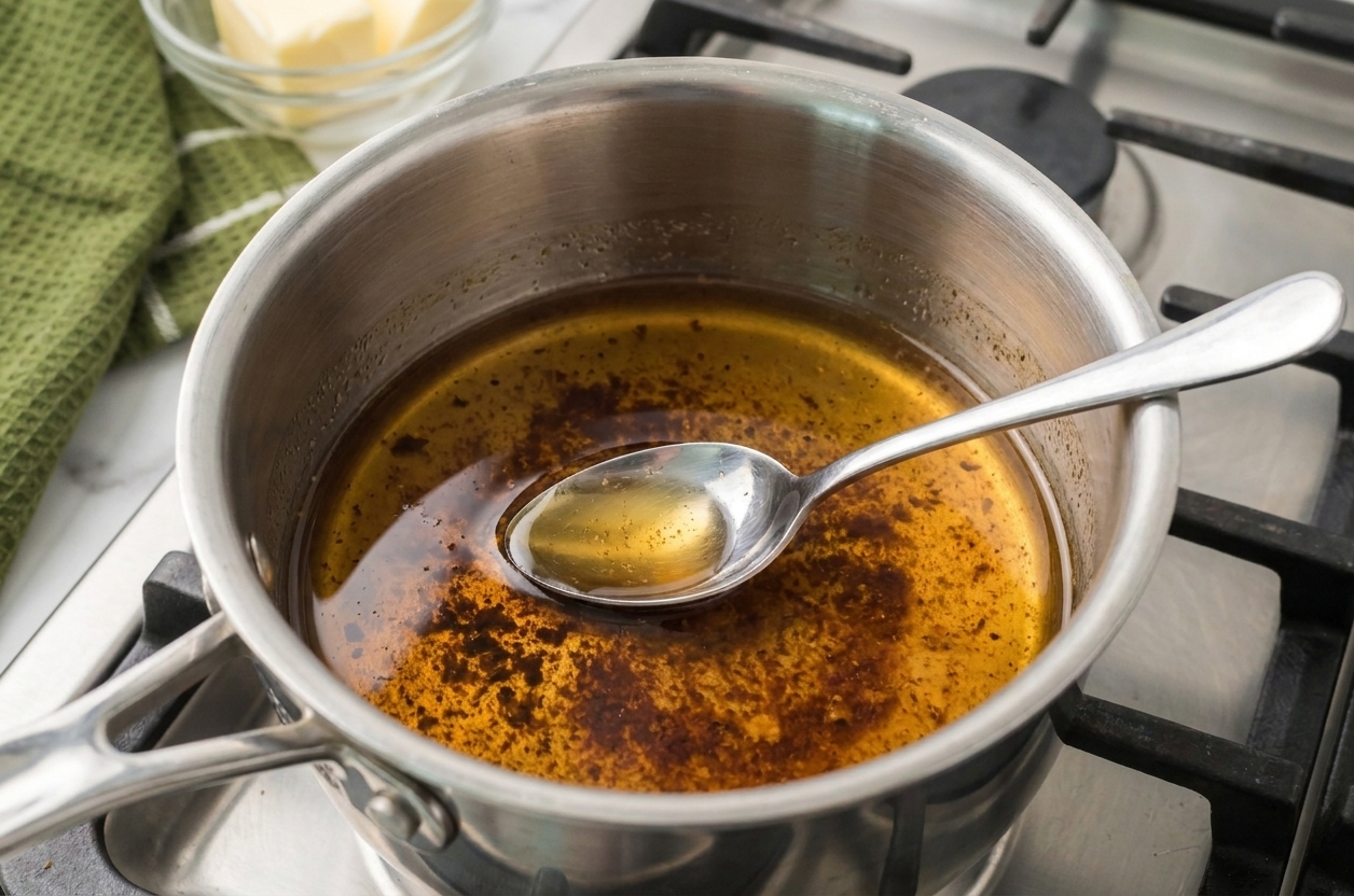 A saucepan of browned butter with golden color and toasted milk solids settled at the bottom