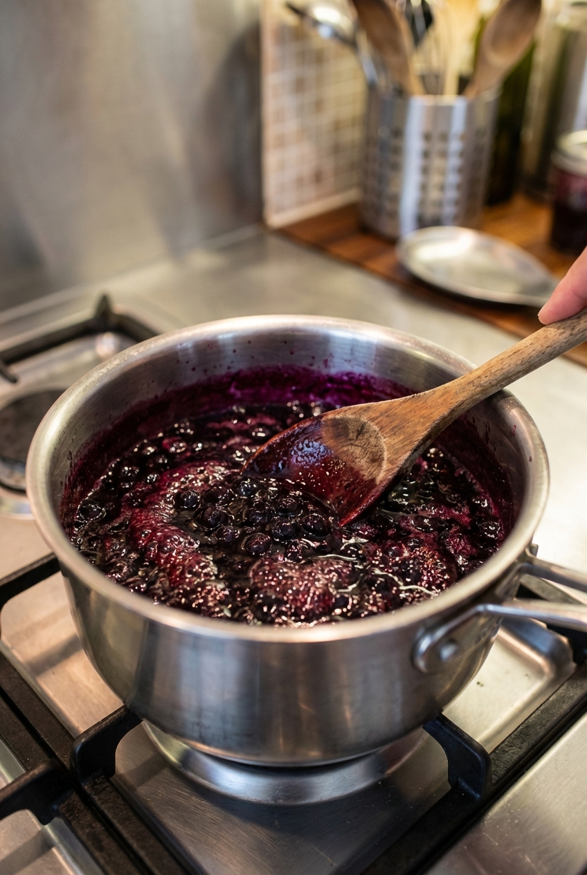 A saucepan of bubbling blueberry jam with a wooden spoon stirring on a stovetop