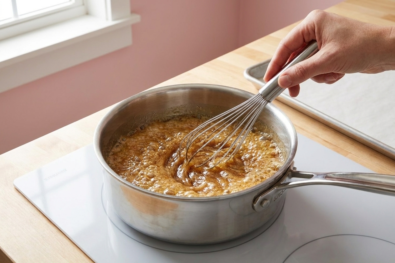 A saucepan of bubbling brown sugar and butter caramel mixture being whisked on a stovetop