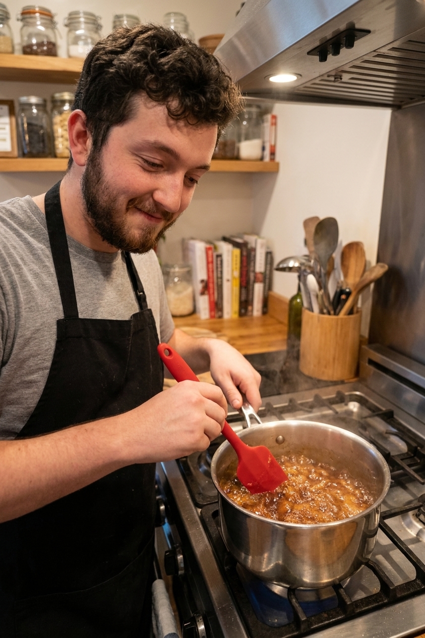 A saucepan of bubbling brown sugar and butter toffee on a stovetop, stirred with a heatproof spatula