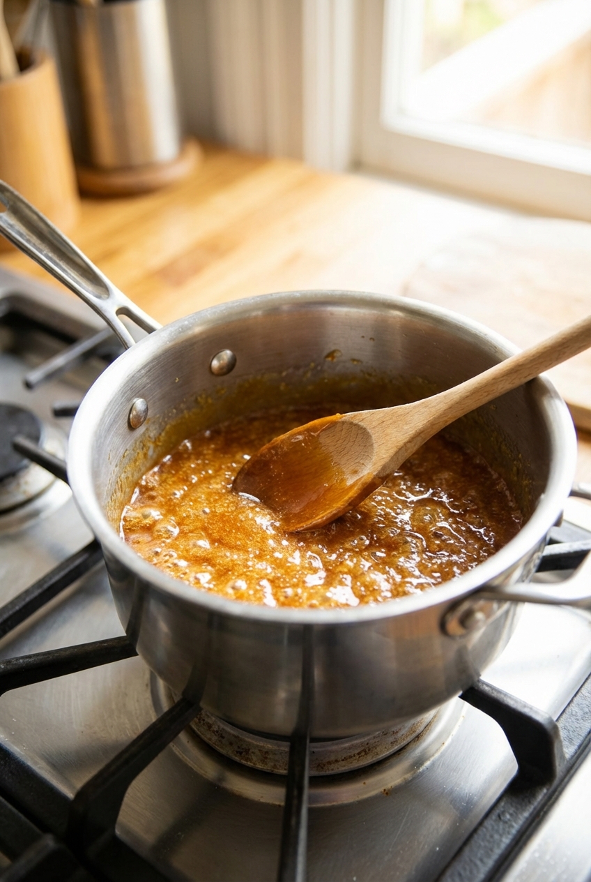 A saucepan of bubbling caramel with a wooden spoon on a stovetop