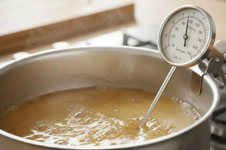A saucepan of bubbling fudge mixture on a stovetop with a candy thermometer clipped to the side