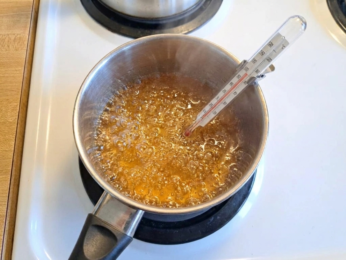 A saucepan of bubbling honey sugar syrup with a candy thermometer attached, viewed from above