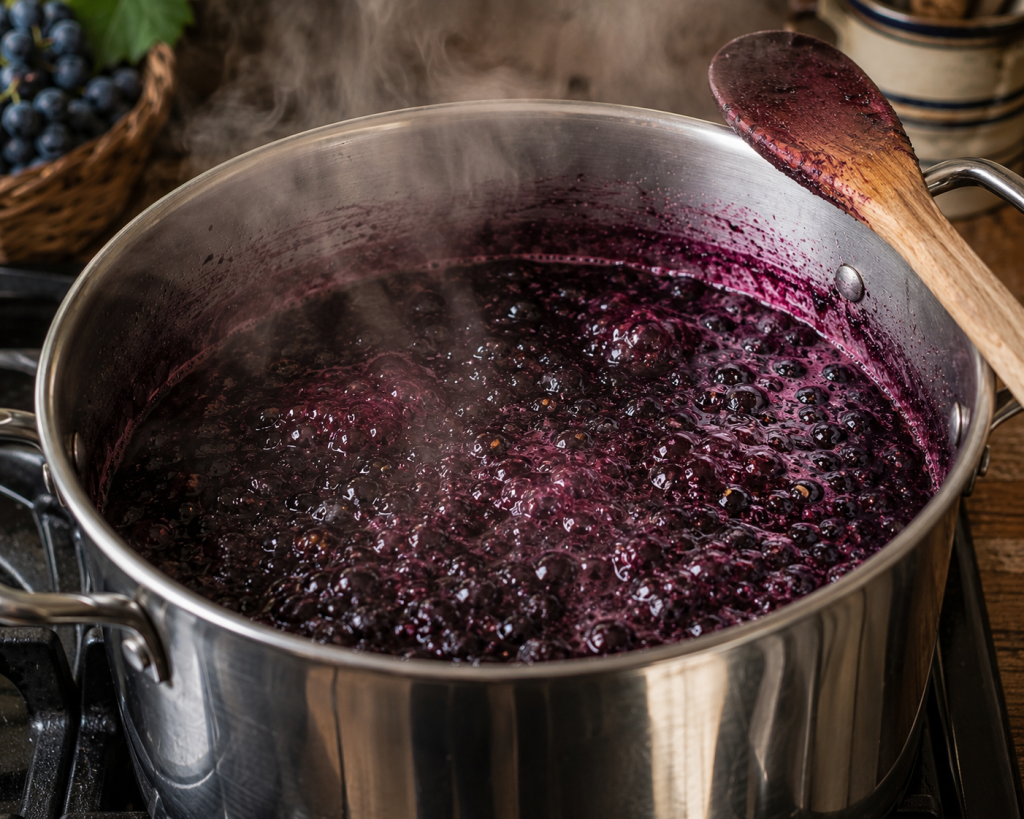A saucepan of bubbling purple grape jelly mixture at a rolling boil on a stovetop with a wooden spoon nearby