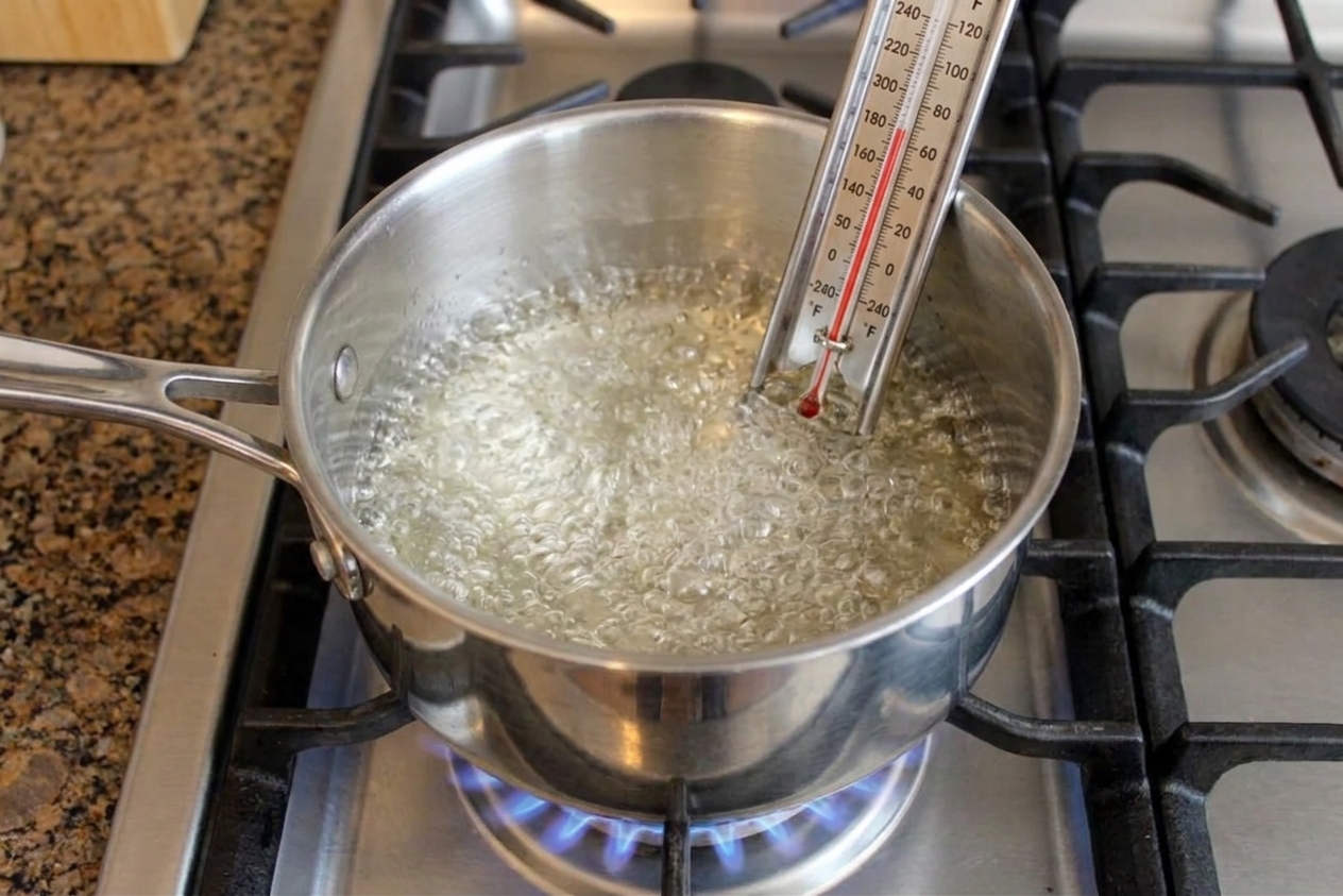 A saucepan of bubbling sugar syrup on a stovetop with a clip-on candy thermometer attached