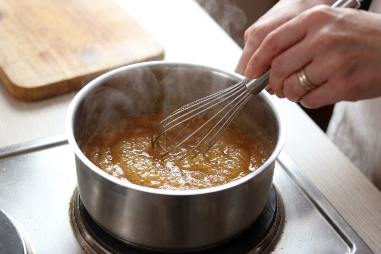 A saucepan of bubbling toffee sauce being whisked on a stovetop with steam rising in warm kitchen light
