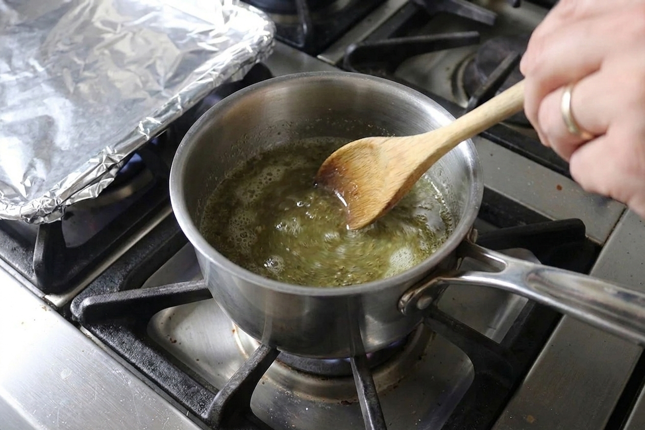 A saucepan of cannabutter gently simmering with small bubbles, stirred with a wooden spoon