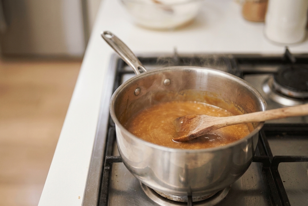 A saucepan of caramel mixture resting off the heat on a stovetop, steam lightly rising
