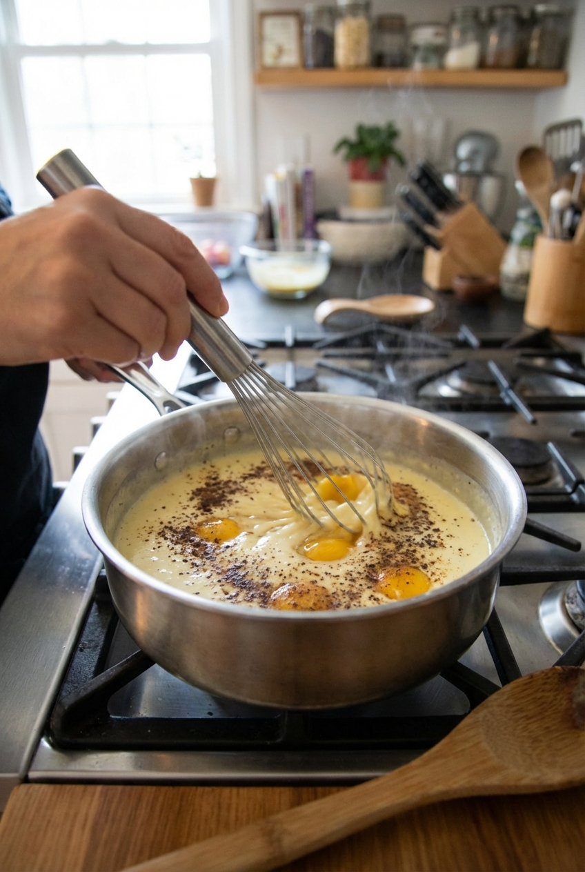 A saucepan of chai-speckled cream being whisked with egg yolks on a home kitchen stove
