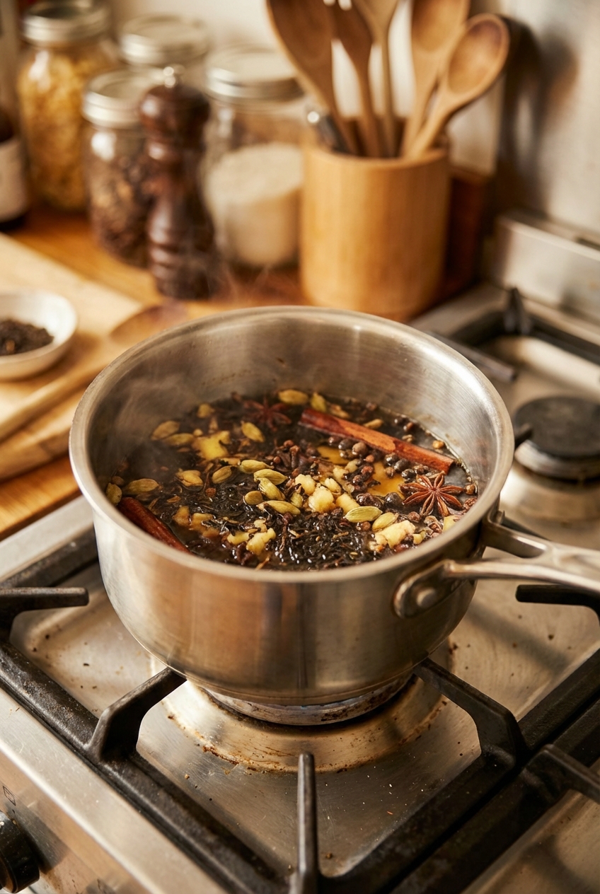 A saucepan of chai spices simmering on a stovetop