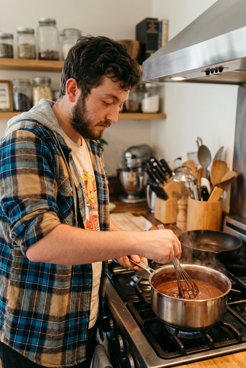 A saucepan of chocolate custard being whisked on a stovetop