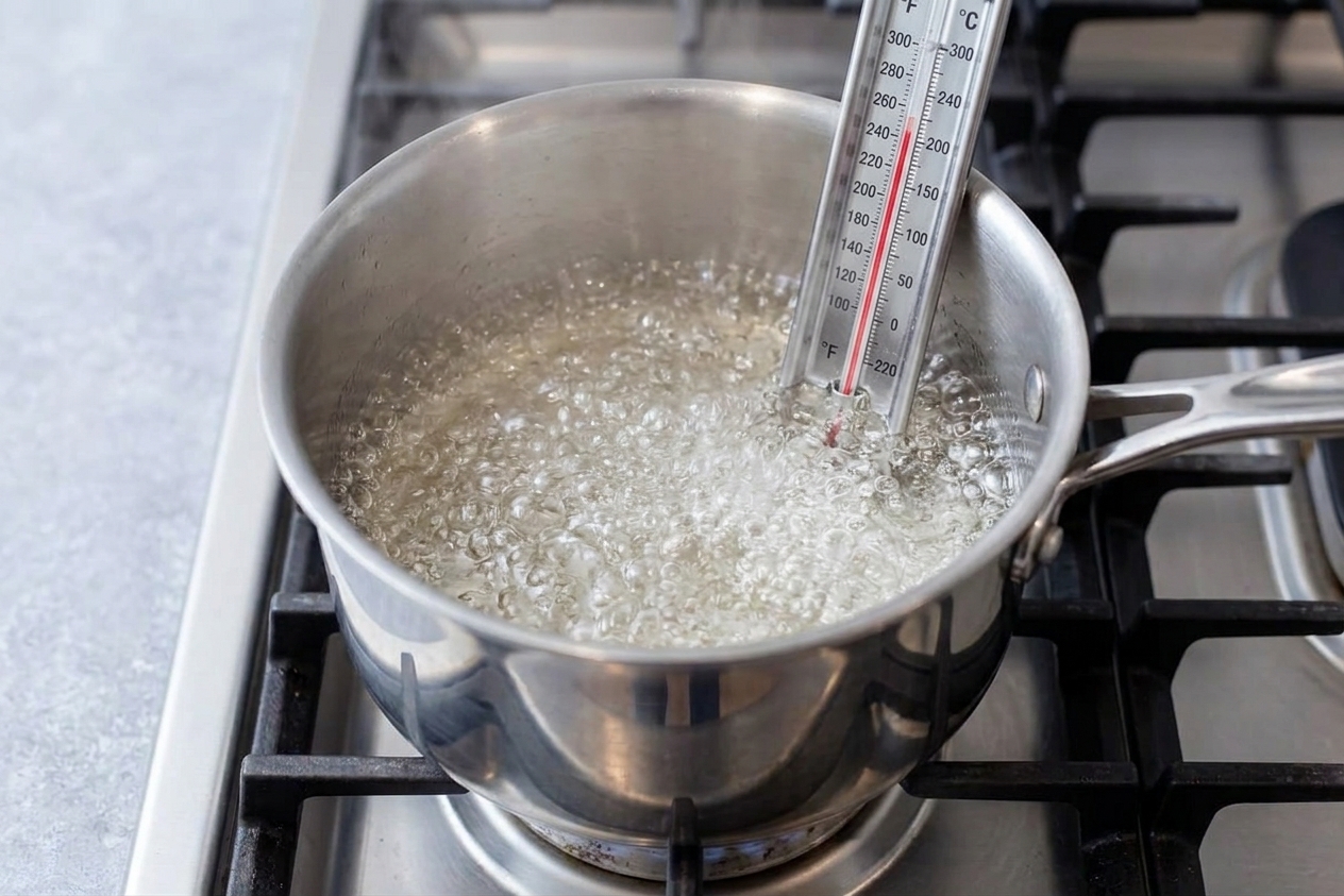 A saucepan of clear bubbling sugar syrup on a stovetop with a candy thermometer clipped to the side