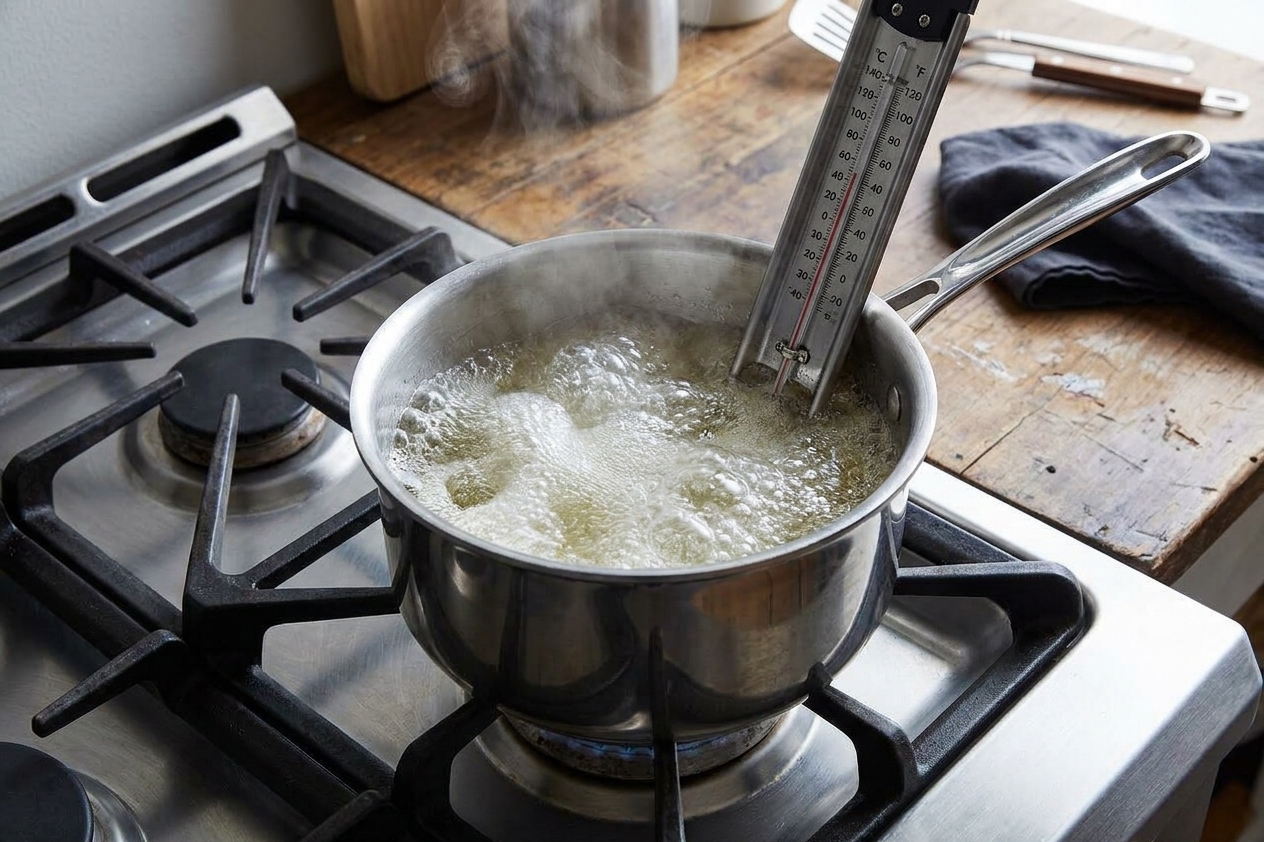 A saucepan of clear sugar syrup boiling vigorously on a stovetop with a candy thermometer clipped to the side