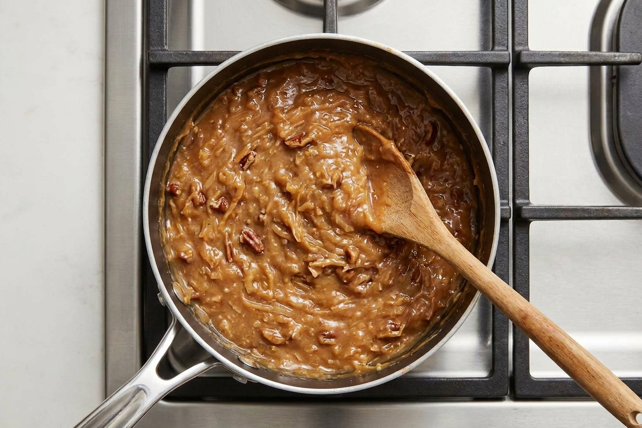 A saucepan of coconut-pecan frosting cooling on the stovetop with a spoon resting inside