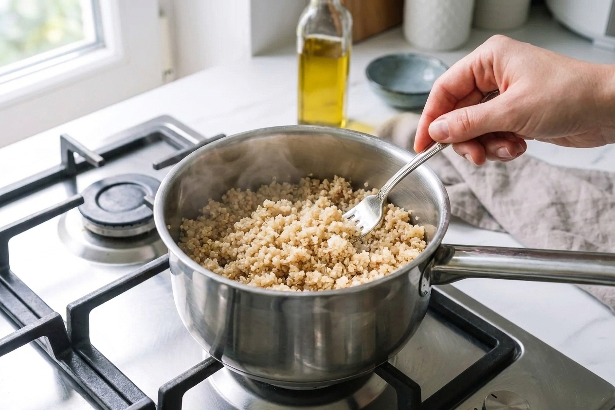 A saucepan of cooked quinoa being fluffed with a fork on a stovetop, with steam rising