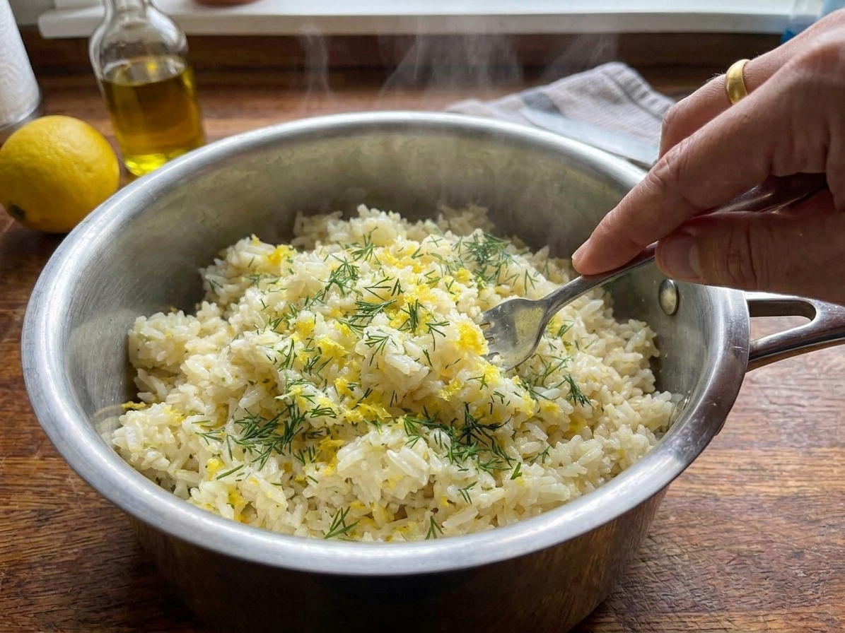 A saucepan of cooked rice being fluffed with a fork, with lemon zest and chopped dill scattered over the surface