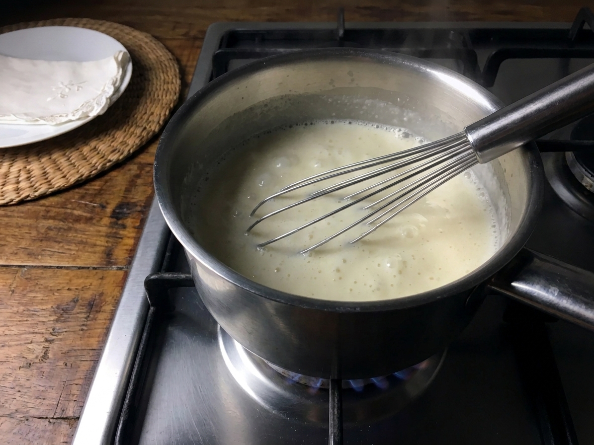 A saucepan of cream and sugar gently simmering on a stovetop with a whisk resting inside
