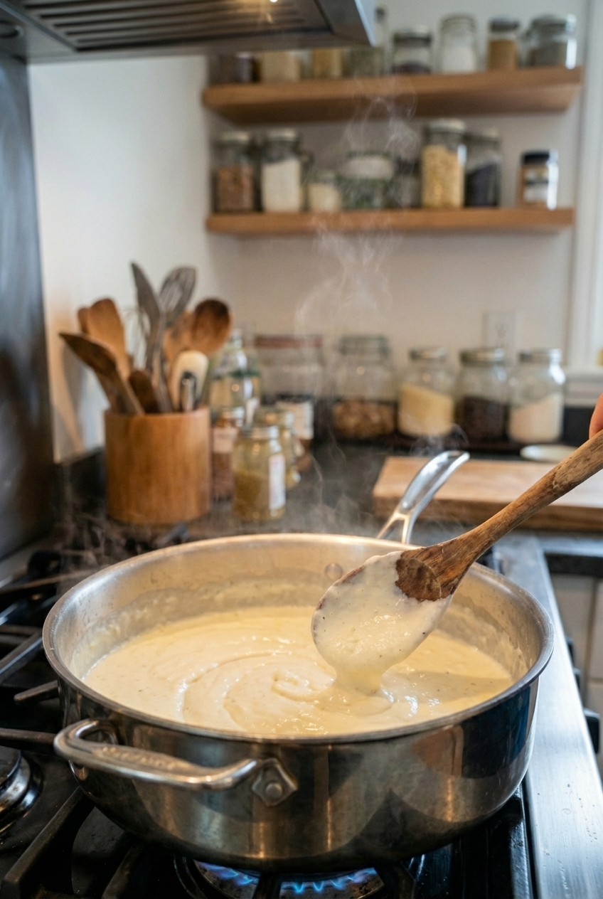 A saucepan of creamy Alfredo sauce being stirred with a wooden spoon on a stovetop