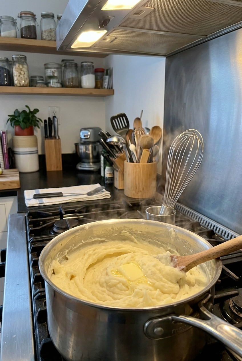 A saucepan of creamy mashed potatoes being stirred with a wooden spoon on a stovetop