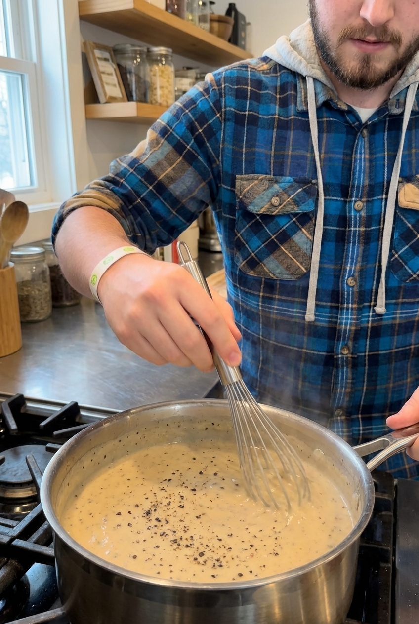 A saucepan of creamy pepper gravy being whisked until smooth